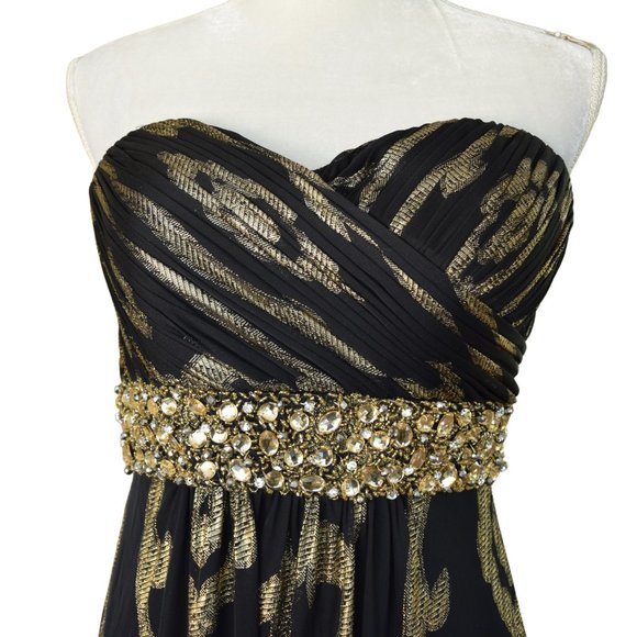 Betsy & Adam Black Metallic Gold Swirl Embellished Strapless Maxi Dress Gown - Picture 3 of 11